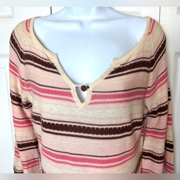 Anthropologie MOTH Sweater Keyhole Button Bell Sleeve Pink Ivory Brown Knit - Picture 3 of 8